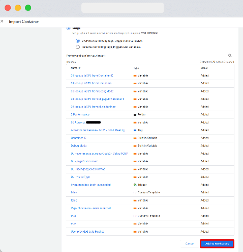 Button to add changes to GTM workspace