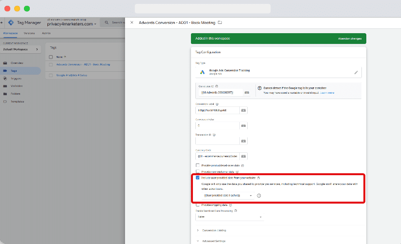 Checkbox to send user data highlighted in Google ads tracking tag