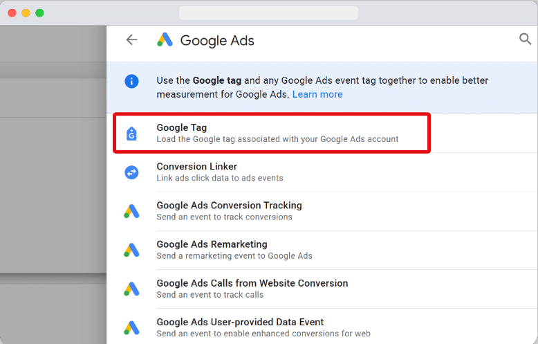 Choosing Google Tag from the Google Ads tag templates