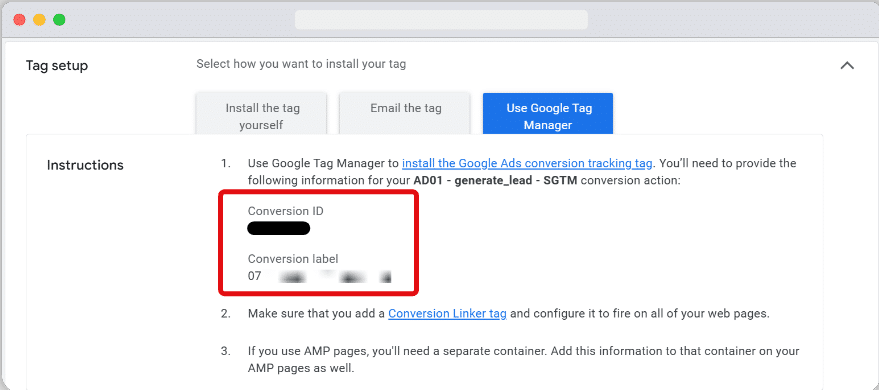 Conversion ID and label inside the google ads