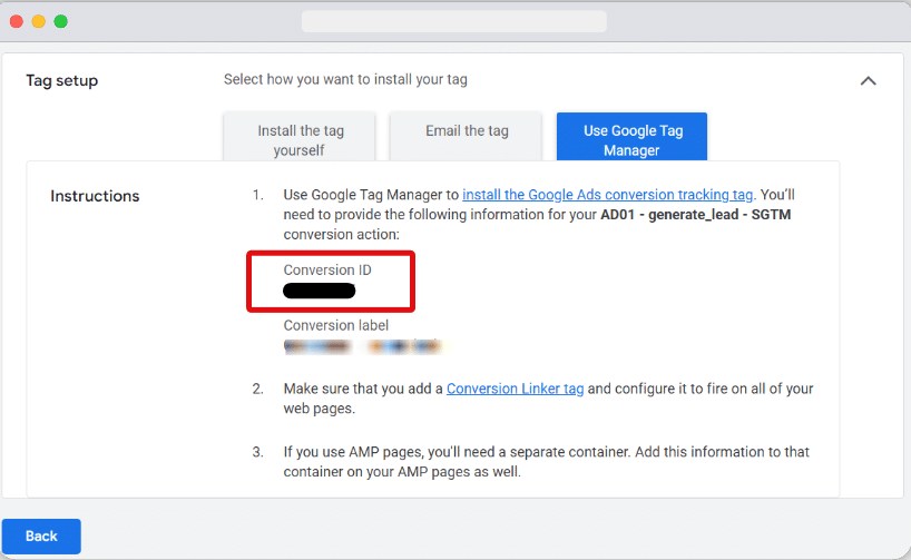 Conversion ID highlighted for a perticular Google ads conversion action
