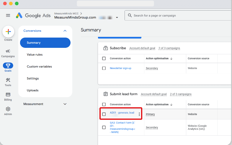 Conversion action highlighted from the list of goals