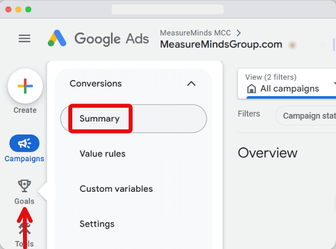 Conversion summary section highlighted from a google ads account