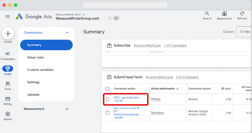 Conversions list inside a google account
