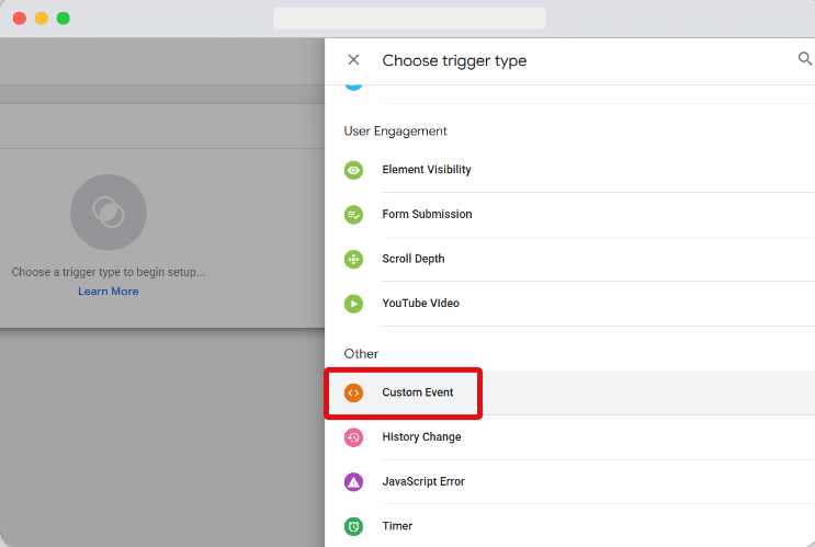 Custom event trigger type in the trigger list highlighted