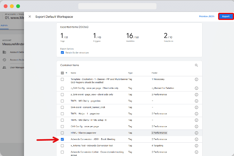 Exporting the GTM container with the correct tag, trigger & template