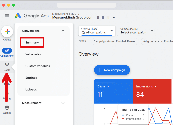 Goals section of a google ads account highlighted