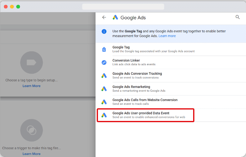 Google Ads User-provided Data Event tag from tag type list