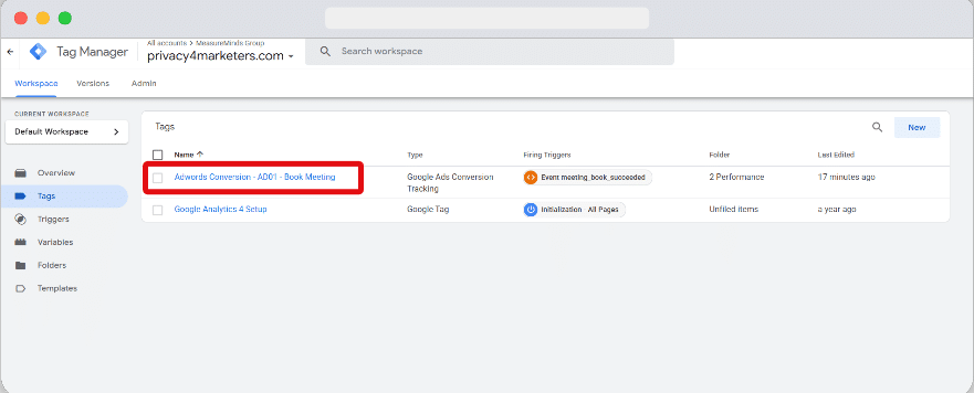 List of tags in a GTM container