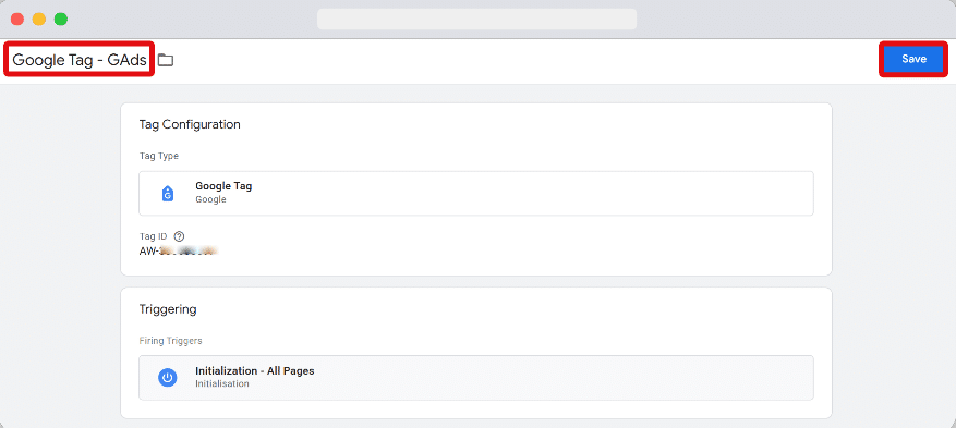 Name of a GTM tag and Save button highlighted