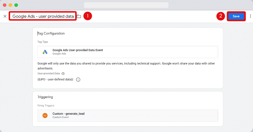 Place to name and save a GTM tag highlighted