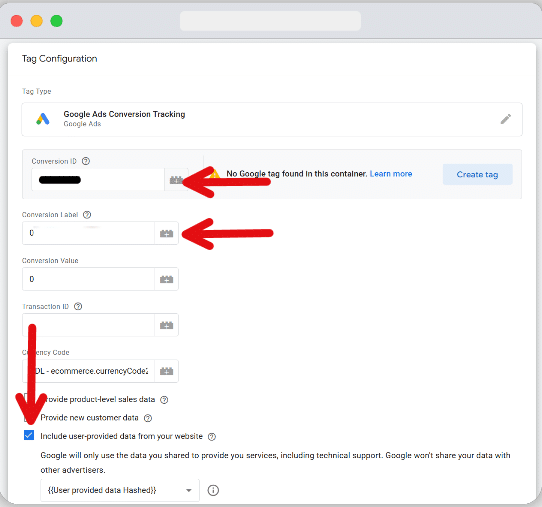 Putting convesion id and label to Google Ads tag