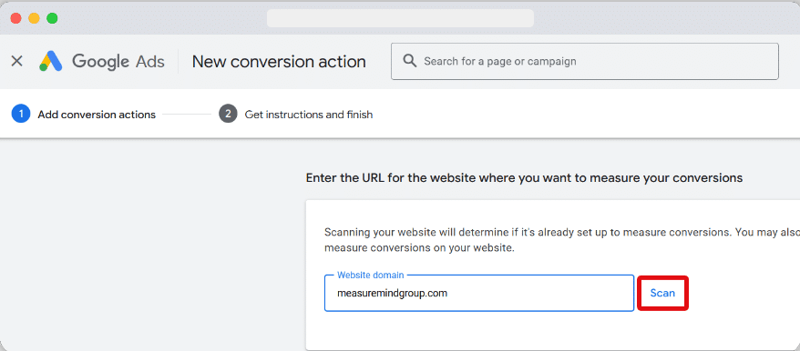 Scan button highlighted inside google ads conversion creation process