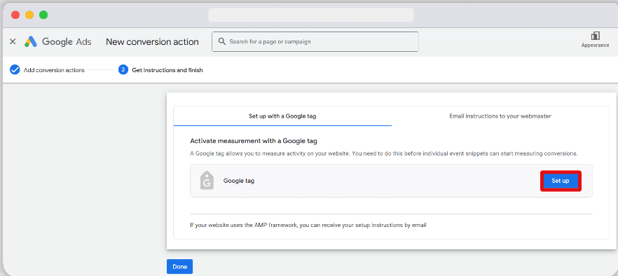 Set up button is highlighted in conversion action implementation page