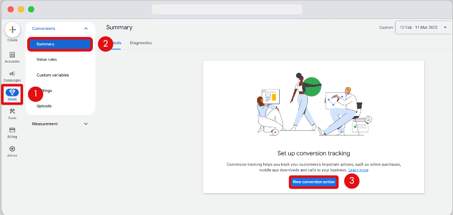 Steps to create a new conversion action in google ads