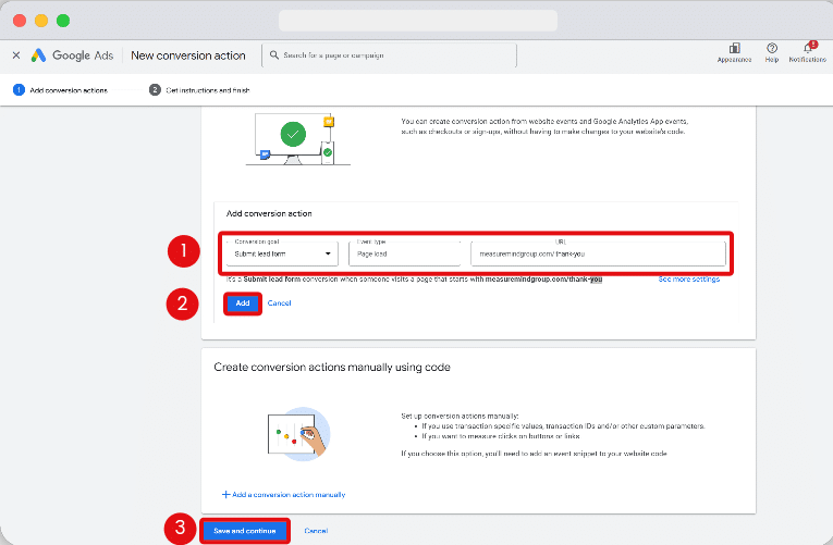 Steps to specify a conversion action to track in google ads