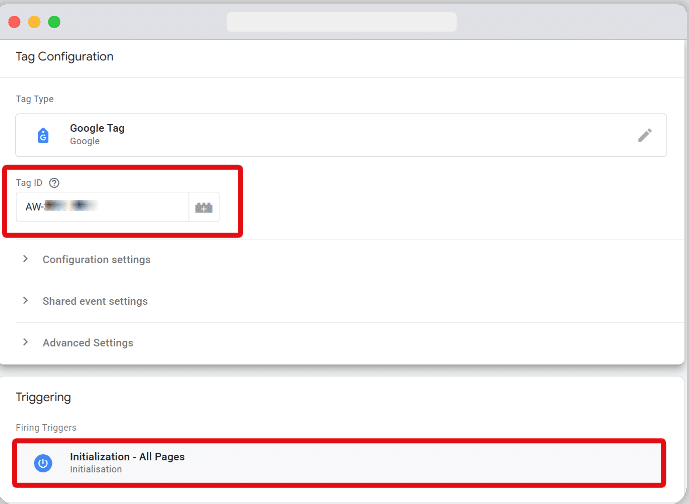 Tag id input field & Triggering section highlighted in a GTM tag