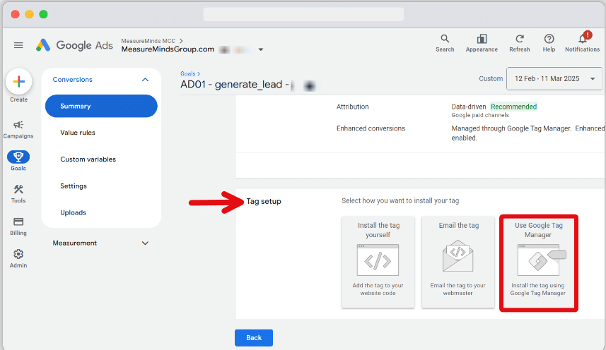 Tag setup section options highlighted for a conversion action inside a google ads account