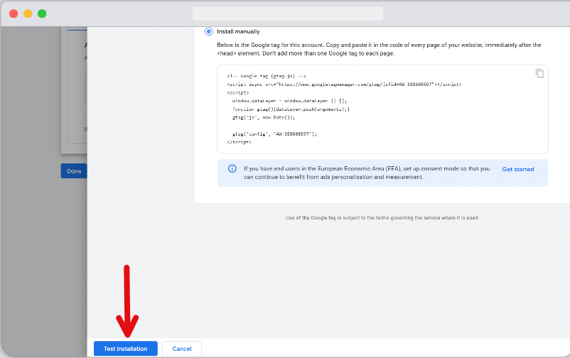 Test installation button indicated to test Google tag set up in google ads