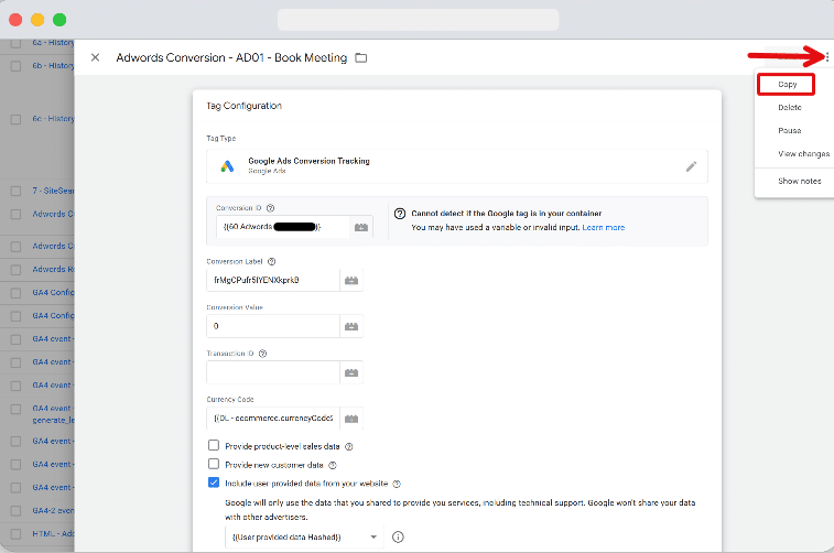 Exporting the GTM container with the correct tag, trigger & template