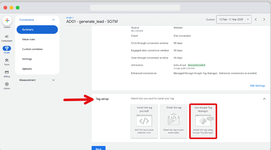 Using google tag manger to set up conversion action