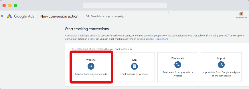 Website conversion action type is highlighted
