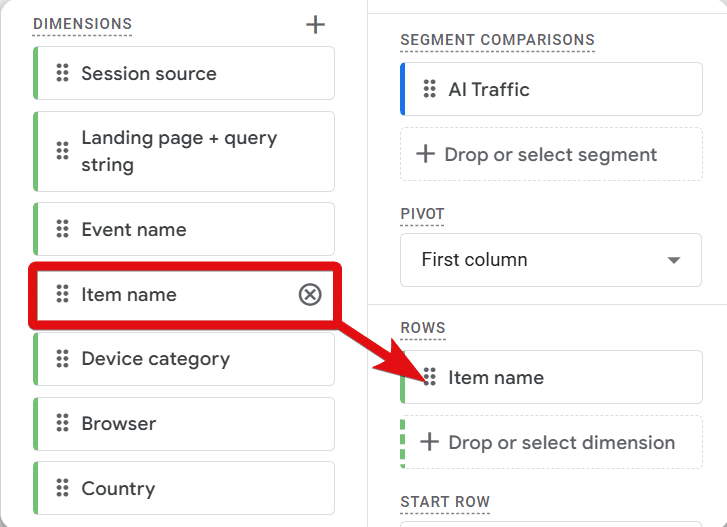 Adding item name dimension to a GA4 exploration report