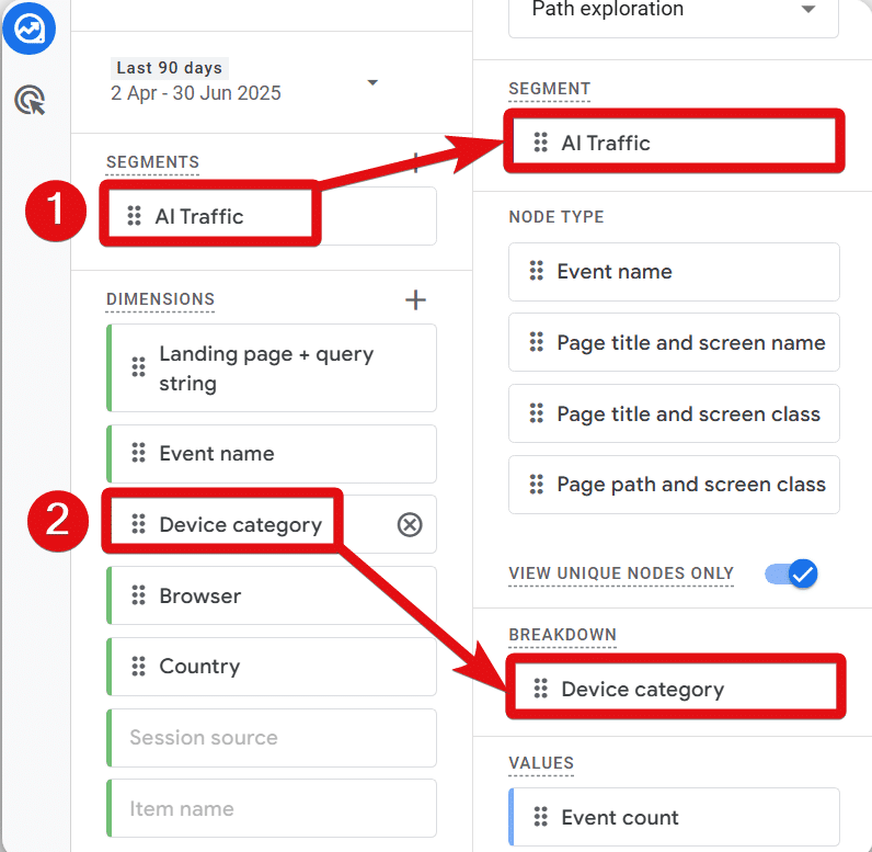 Adding segment and breakdown to a path exploration report