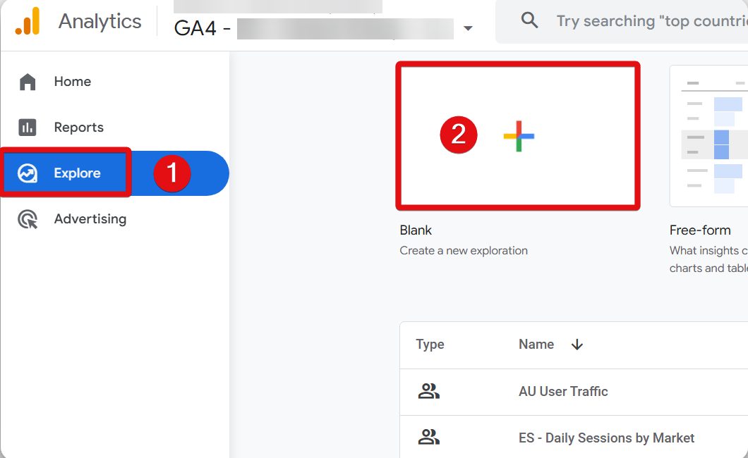 'Blank' exploration report plus button highlighted in the explore section of a GA4 account