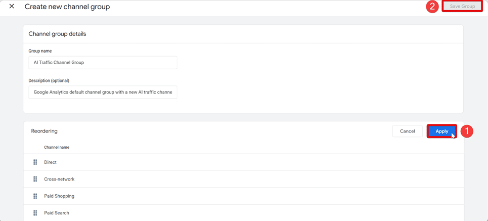 Buttons to reorder and save the new channel group in ga4 highlighted