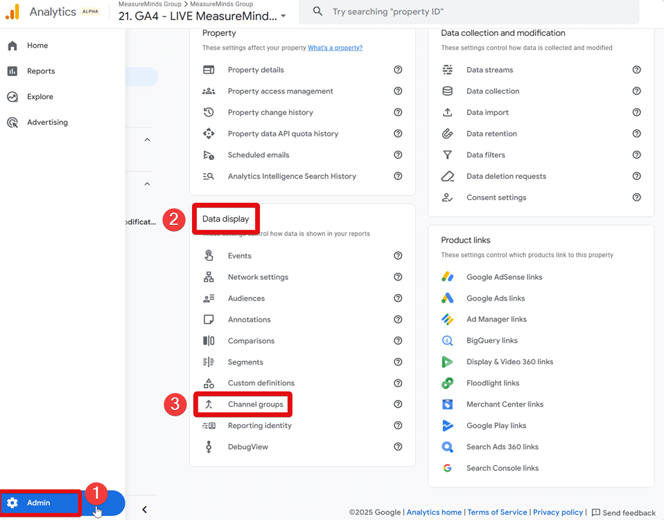 Channel group section hightlighted from a GA4 account's admin area