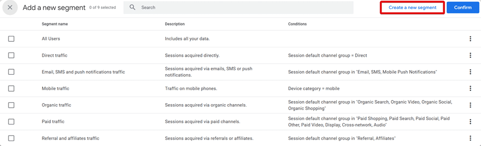 Create a new segment button hightlighted