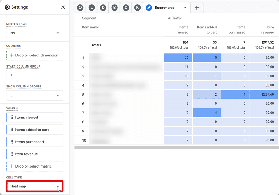 Ecommerce report in GA4 exploration