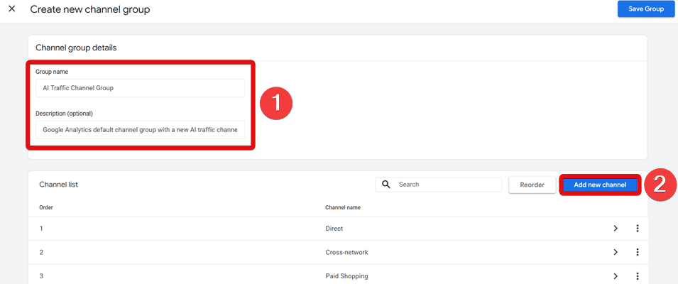 GA4 channel group name, description & add new channel button highlighted