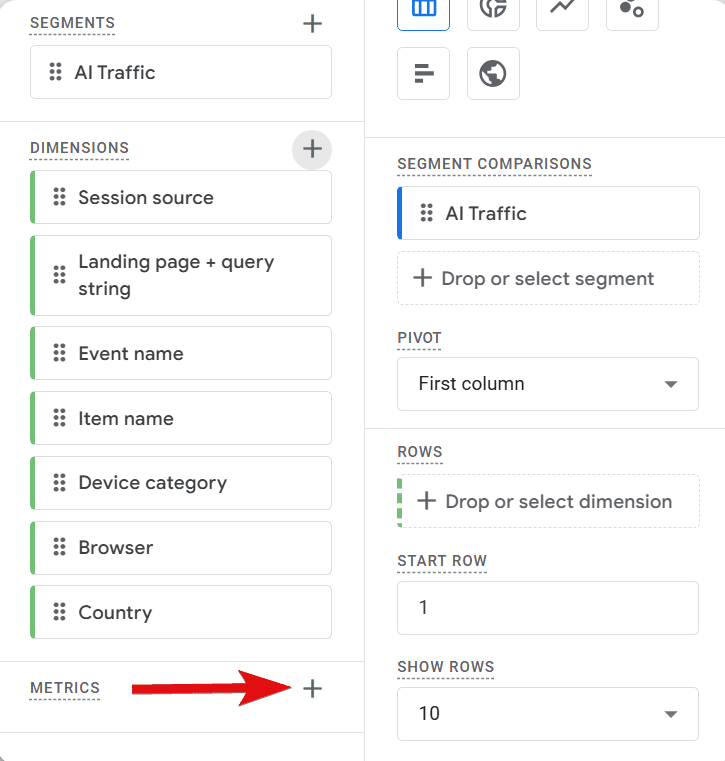 Plus button to select metrics in GA4 exploration reports