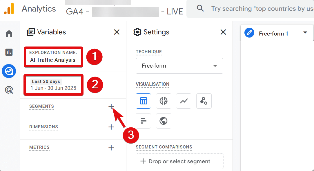 Plus icon to create segments in GA4 highlighted