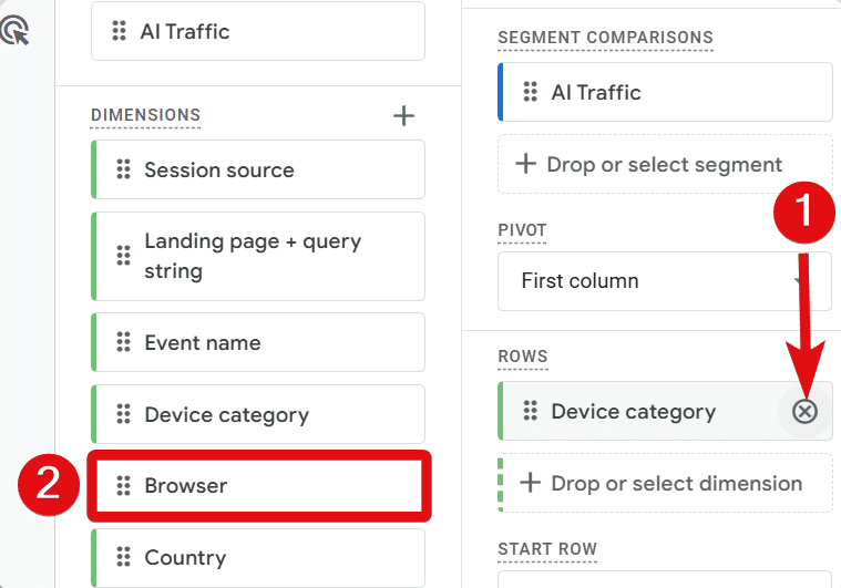 Removing device category dimension to add browsers dimension