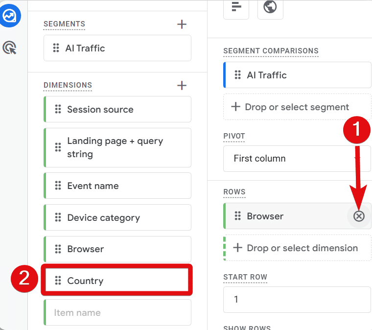 Replacing browsers dimension with country dimension in GA4 exploration