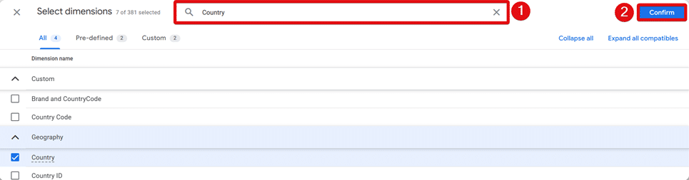 Search bar and confirm button highlighted in the select dimensions window