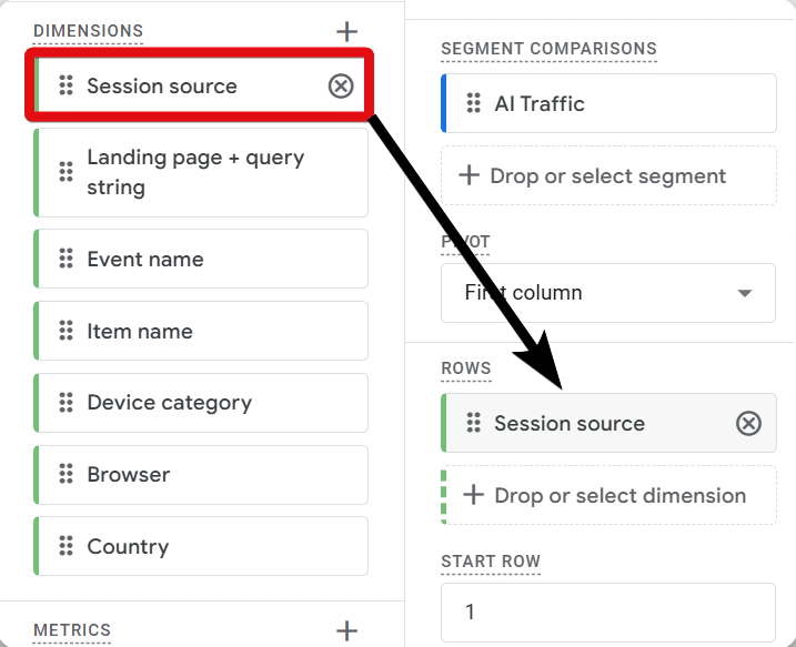 Selecting a dimension to add as the row in ga4 exploration
