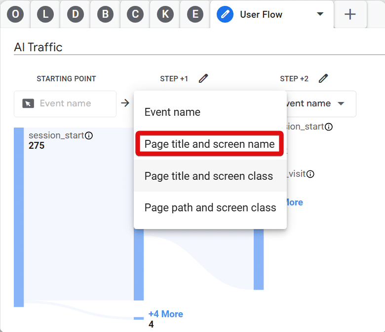 Selecting page title and screen name as the first step in funnel exploration