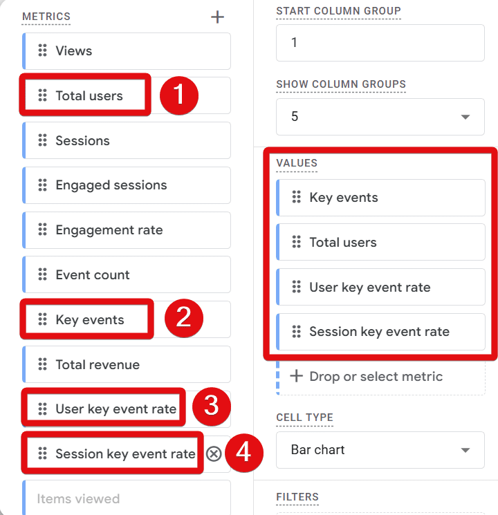 Selecting the metrics in GA4 exploration