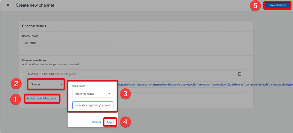 Using regex match to create a new channel for GA4 channel group