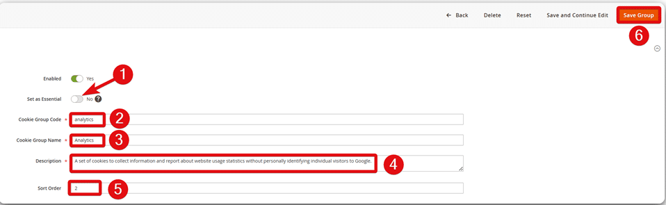 Steps to add or edit a cookie group