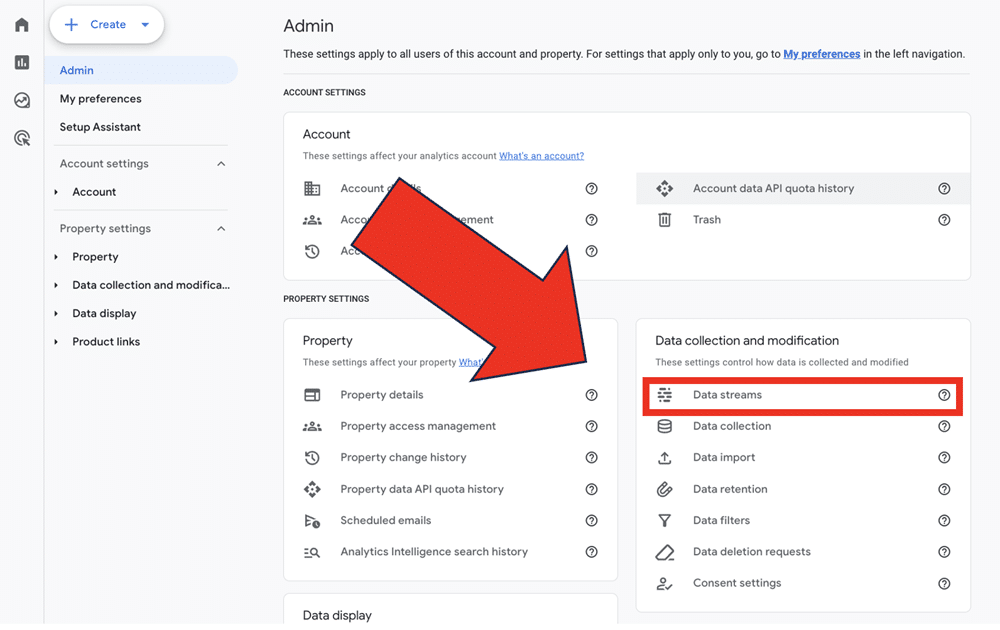 Data streams option highlighted from a GA4 account