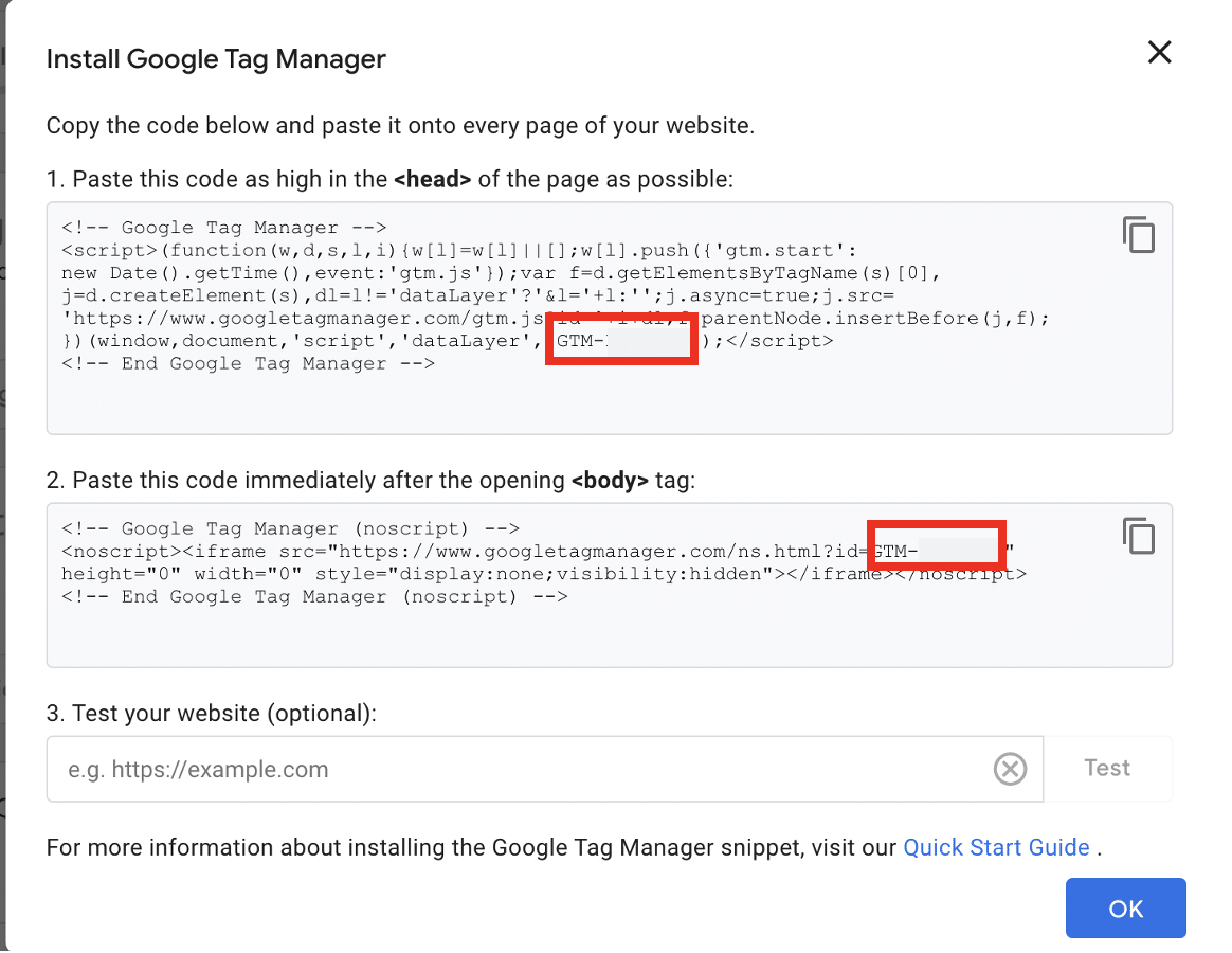Code to install Google Tag Manager to a website