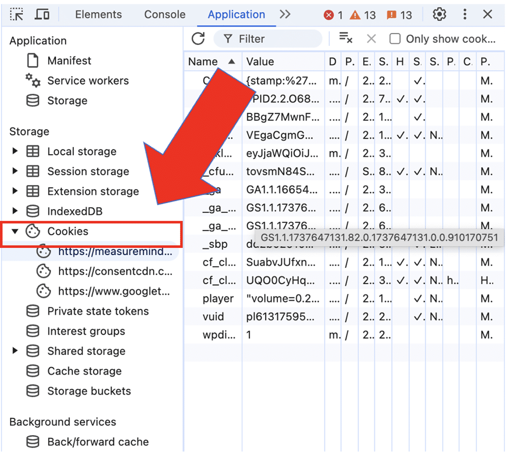 Cookies section under the storage of the Application option of the developer tools highlighted