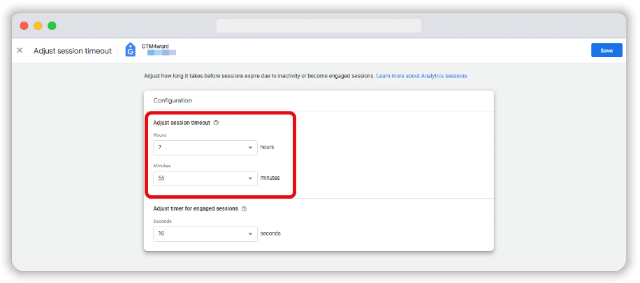 The 'Adjust session timeout' settings screen in Google Tag, showing the session duration set to 7 hours and 55 minutes.