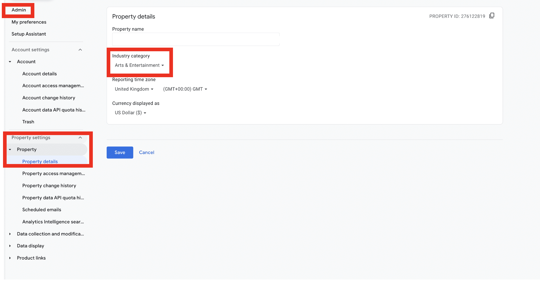 Property Details option highlighted in the admin of a Google analytics account