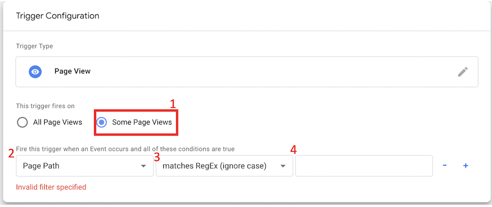 "Some page Views" radio button selection highlighted for a page view trigger